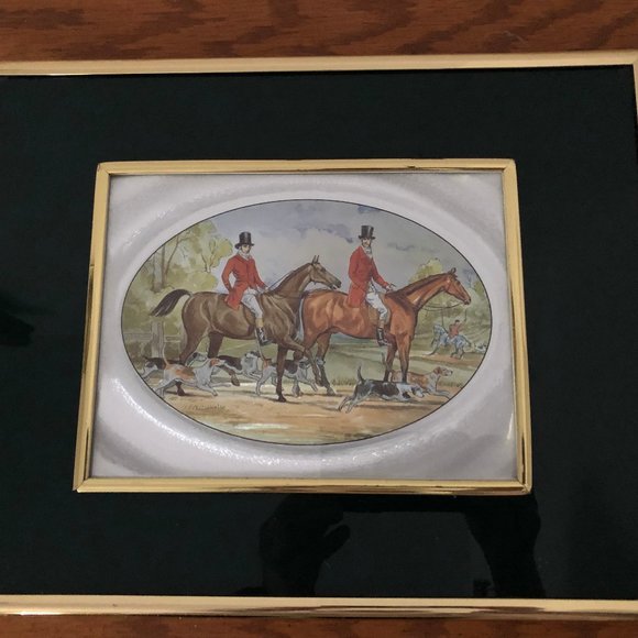 Framed metallic foil art print men riding horses running dogs - Picture 1 of 4